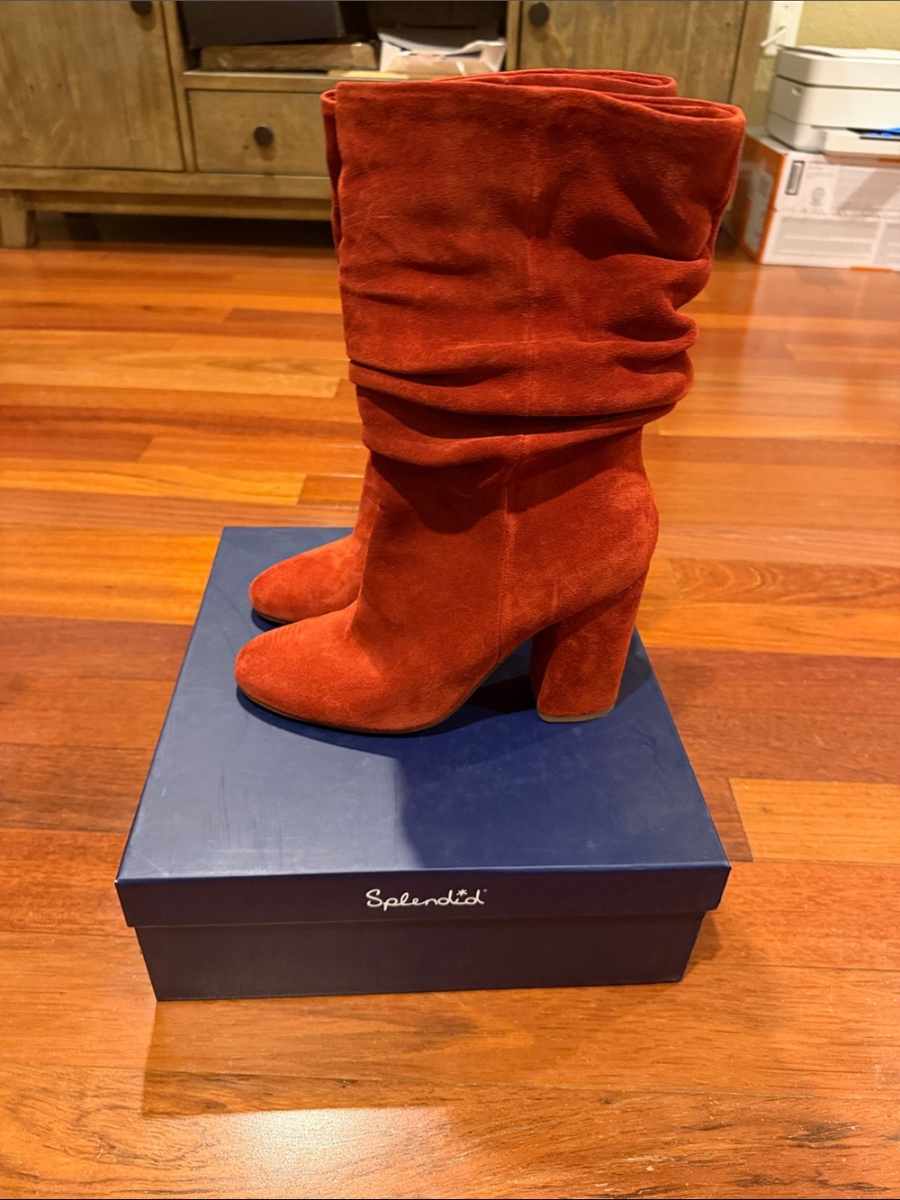 Splendid Women's Red-Orange Suede Slouch Block Heel Boots